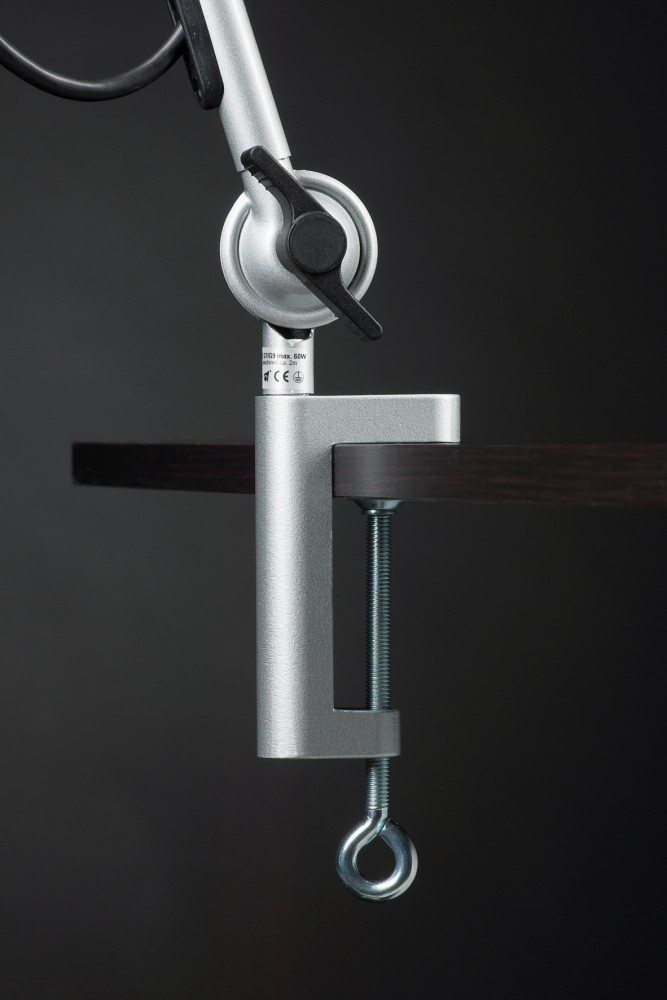 Luce di lavoro 110 cm argento schermato CH spina con base a morsetto da tavolo